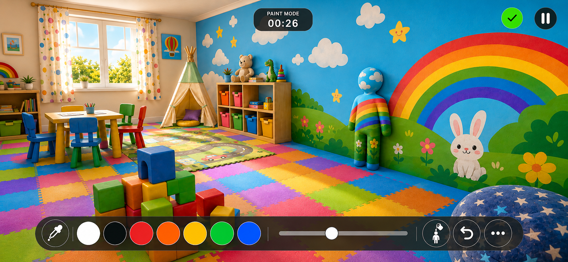 Paint mode in the Playroom: the character is painted to match the rainbow mural, with the colour palette open along the bottom of the screen