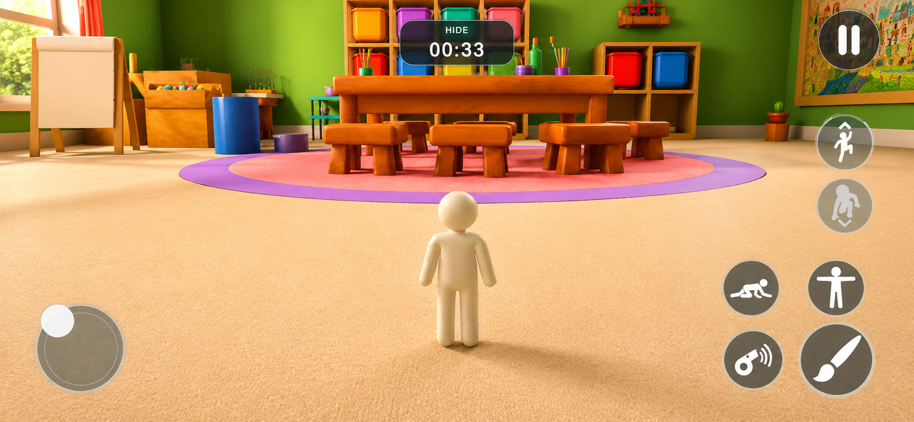 The Playroom during the hide phase: a joystick at bottom left, crawl, pose, whistle and paint buttons at bottom right, and the hide timer counting down at the top